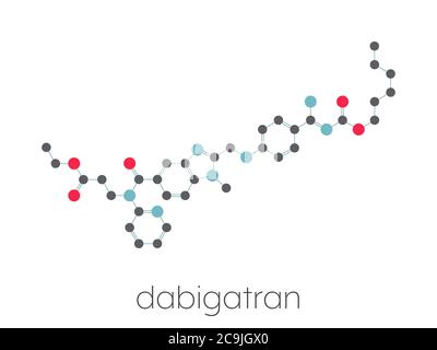Dabigatran farmaco anticoagulante (inibitore diretto della trombina) molecola. Formula scheletrica stilizzata (struttura chimica). Gli atomi sono mostrati come cir con codice colore Foto Stock