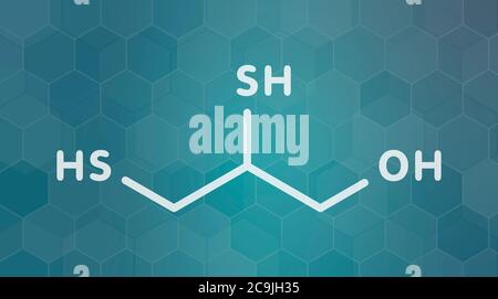 Dimercaprol (BAL, British Anti-lewisite), molecola di antidoto avvelenamento da metallo. Formula scheletrica bianca su sfondo scuro del gradiente teale con pat esagonale Foto Stock