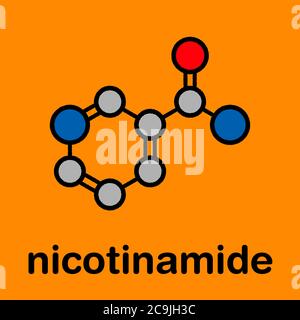 Nicotinamide farmaco e molecola di vitamina. Formula scheletrica stilizzata (struttura chimica). Gli atomi sono mostrati come cerchi codificati a colori con spessa fuorilegge nera Foto Stock