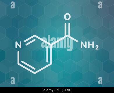 Nicotinamide farmaco e molecola di vitamina. Formula scheletrica bianca su sfondo scuro del gradiente teale con pattern esagonale. Foto Stock