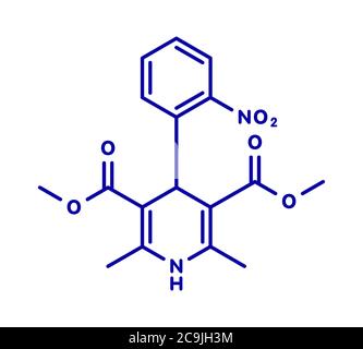 Nifedipina calcio-antagonisti farmaco. Utilizzato nel trattamento dell'angina e dell'ipertensione (pressione alta). Formula scheletrica blu su sfondo bianco Foto Stock