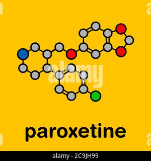 Molecola di paroxetina antidepressiva (classe SSRI). Formula scheletrica stilizzata (struttura chimica). Gli atomi sono mostrati come cerchi codificati con colori con il thic Foto Stock
