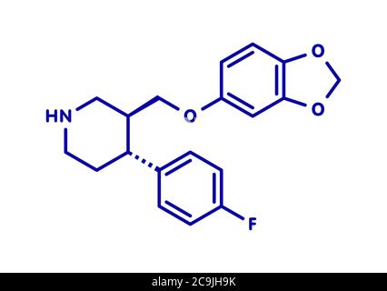 Molecola di paroxetina antidepressiva (classe SSRI). Formula scheletrica blu su sfondo bianco. Foto Stock