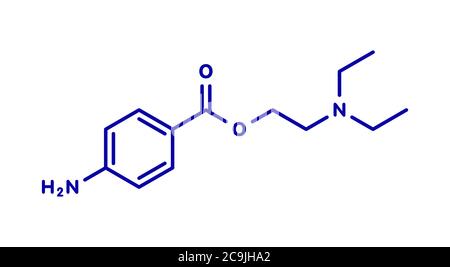 Procaina molecola di farmaco anestetico topico. Formula scheletrica blu su sfondo bianco. Foto Stock