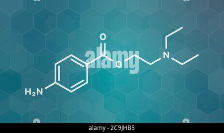 Procaina molecola di farmaco anestetico topico. Formula scheletrica bianca su sfondo scuro del gradiente teale con pattern esagonale. Foto Stock