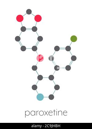 Molecola di paroxetina antidepressiva (classe SSRI). Formula scheletrica stilizzata (struttura chimica). Gli atomi vengono visualizzati come cerchi con codifica a colori collegati Foto Stock