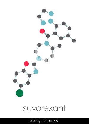 Suvorexant farmaco insonnia (pillola del sonno) molecola. Antagonista del recettore doppio dell'oressina (DORA) formula scheletrica stilizzata (struttura chimica). Gli atomi sono sh Foto Stock