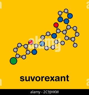 Suvorexant farmaco insonnia (pillola del sonno) molecola. Antagonista del recettore doppio dell'oressina (DORA) formula scheletrica stilizzata (struttura chimica). Gli atomi sono sh Foto Stock