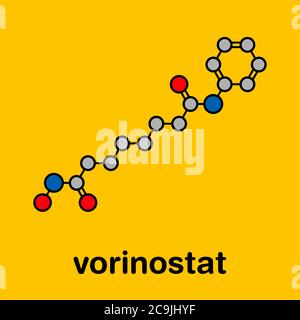 Vorinostat molecola di farmaco per linfoma cutaneo a cellule T. Agisce come inibitore dell'istone deacetilasi. Formula scheletrica stilizzata (struttura chimica). Gli atomi sono s. Foto Stock