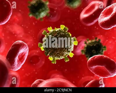 Virus nel sangue umano, illustrazione del computer. Foto Stock