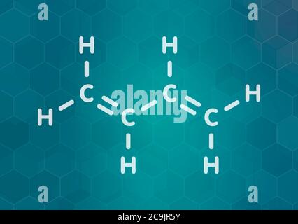 Molecola di blocco di gomma sintetica butadiene (1,3-butadiene). Utilizzato nella sintesi di polibutadiene, ABS e altri materiali polimerici. skele bianco Foto Stock