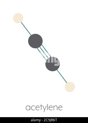 Molecola di acetilene (etino). Utilizzato nella saldatura ossi-acetilene. Formula scheletrica stilizzata (struttura chimica). Gli atomi vengono visualizzati come cerchi con codifica a colori Foto Stock
