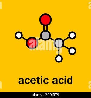 Molecola di acido acetico. L'aceto è una soluzione acquosa di acido acetico. Formula scheletrica stilizzata (struttura chimica). Gli atomi vengono visualizzati come ci con codifica a colori Foto Stock