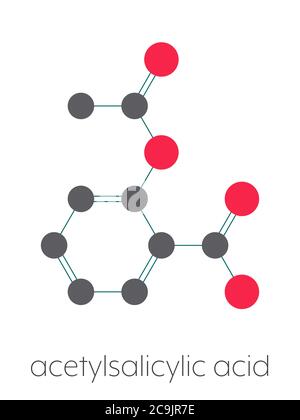 Molecola di farmaco di acido acetilsalicilico (aspirina). Formula scheletrica stilizzata (struttura chimica). Gli atomi sono mostrati come cerchi codificati a colori collegati da sottili Foto Stock