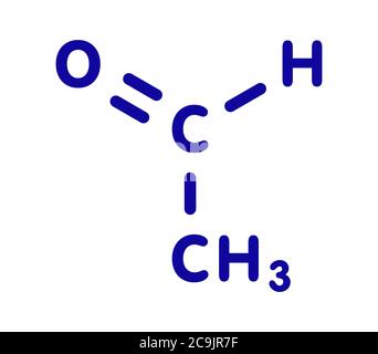Molecola di acetaldeide (etanale), struttura chimica. L'acetaldeide è una molecola tossica responsabile di molti sintomi di hangover dell'alcool. Scheletro blu Foto Stock