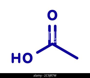 Molecola di acido acetico. L'aceto è una soluzione acquosa di acido acetico. Formula scheletrica blu su sfondo bianco. Foto Stock