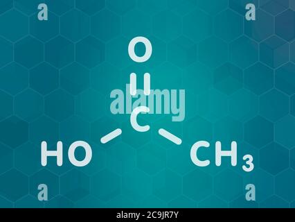 Molecola di acido acetico. L'aceto è una soluzione acquosa di acido acetico. Formula scheletrica bianca su sfondo scuro del gradiente teale con pattern esagonale. Foto Stock