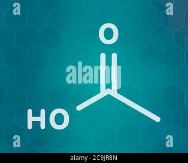 Molecola di acido acetico. L'aceto è una soluzione acquosa di acido acetico. Formula scheletrica bianca su sfondo scuro del gradiente teale con pattern esagonale. Foto Stock