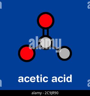 Molecola di acido acetico. L'aceto è una soluzione acquosa di acido acetico. Formula scheletrica stilizzata (struttura chimica). Gli atomi vengono visualizzati come ci con codifica a colori Foto Stock