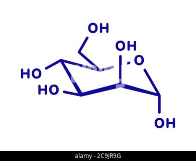 Molecola di zucchero di mannosio (D-mannosio). Epimero di glucosio. Formula scheletrica blu su sfondo bianco. Foto Stock