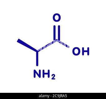 Molecola di alanina (L-alanina, Ala, A) amminoacidica. Formula scheletrica blu su sfondo bianco. Foto Stock