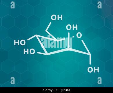 Molecola di zucchero di mannosio (D-mannosio). Epimero di glucosio. Formula scheletrica bianca su sfondo scuro del gradiente teale con pattern esagonale. Foto Stock