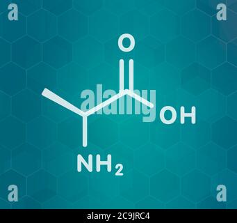 Molecola di alanina (L-alanina, Ala, A) amminoacidica. Formula scheletrica bianca su sfondo scuro del gradiente teale con pattern esagonale. Foto Stock