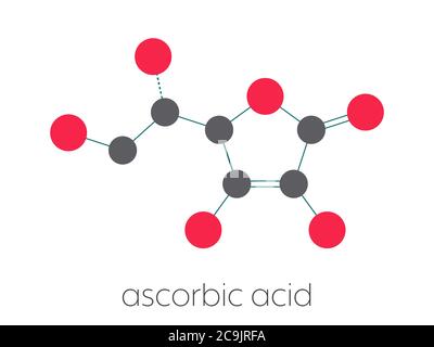 Molecola di vitamina C (acido ascorbico, ascorbato). Formula scheletrica stilizzata (struttura chimica). Gli atomi sono mostrati come cerchi codificati a colori collegati da thi Foto Stock