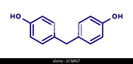 Molecola di bisfenolo F (BPF). Alternativa al bisfenolo A (BPA). Formula scheletrica blu su sfondo bianco. Foto Stock