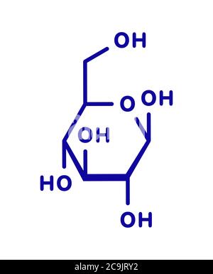 Molecola di glucosio (destrosio, zucchero d'uva) (forma beta-D-glucopiranosio). Formula scheletrica blu su sfondo bianco. Foto Stock