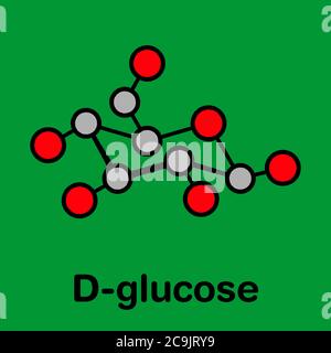Molecola di glucosio (destrosio, zucchero d'uva) (forma beta-D-glucopiranosio). Formula scheletrica stilizzata (struttura chimica). Gli atomi sono indicati come c Foto Stock