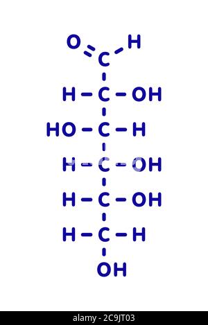 Molecola di zucchero d'uva di glucosio (D-glucosio, destrosio). Formula scheletrica blu su sfondo bianco. Foto Stock