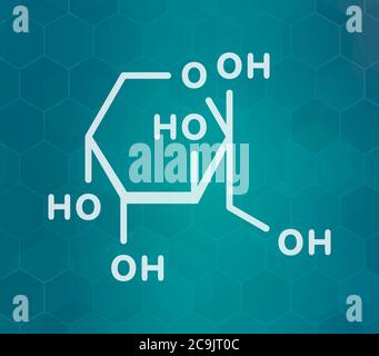 Fruttosio (D-fruttosio) molecola di zucchero di frutta. Componente dello sciroppo di mais ad alto fruttosio (HFCS). Formula scheletrica bianca su sfondo scuro del gradiente teale con Foto Stock