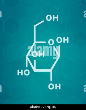 Molecola di glucosio (destrosio, zucchero d'uva) (forma beta-D-glucopiranosio). Formula scheletrica bianca su sfondo scuro del gradiente teale con pattern esagonale. Foto Stock