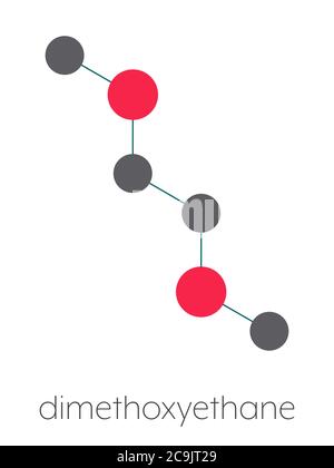 Molecola solvente chimico di dimetossietano (glyme, DME, dimetilenglicole). Formula scheletrica stilizzata (struttura chimica). Gli atomi sono mostrati come colore-c. Foto Stock