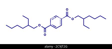 Molecola plastificante diottiltereftalato (DOTP, DEHT). Alternativa agli ftalati, utilizzata in plastica PVC. Formula scheletrica blu su sfondo bianco. Foto Stock