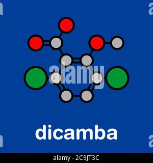 Molecola erbicida di dicamba. Utilizzato nel controllo delle erbacce. Formula scheletrica stilizzata (struttura chimica). Gli atomi sono mostrati come cerchi codificati a colori con bl spesso Foto Stock