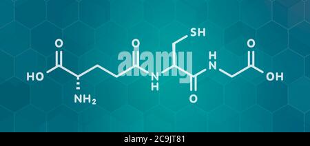 Molecola di glutatione (glutatione ossidato, GSSG). Formula scheletrica bianca su sfondo scuro del gradiente teale con pattern esagonale. Foto Stock