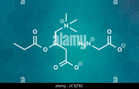 GPLC (glicina propionil-L-carnitina) integratore molecolare nutrizionale. Formula scheletrica bianca su sfondo scuro del gradiente teale con pattern esagonale. Foto Stock