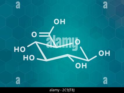 Acido glucuronico molecola. La glucuronizzazione di xenobiotici svolge ruolo nel metabolismo del farmaco, dando glicuronidi. Bianco formula scheletrico sul verde acqua scuro gradi Foto Stock