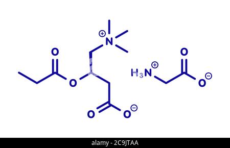 GPLC (glicina propionil-L-carnitina) integratore molecolare nutrizionale. Formula scheletrica blu su sfondo bianco. Foto Stock