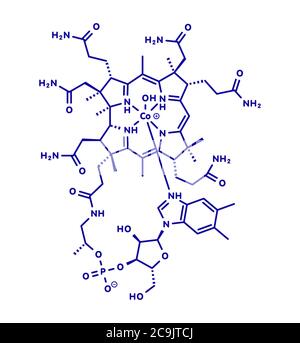 Molecola di idrossicobalamina vitamina B12. Spesso somministrato terapeuticamente in caso di deficit di B12. Formula scheletrica blu su sfondo bianco. Foto Stock