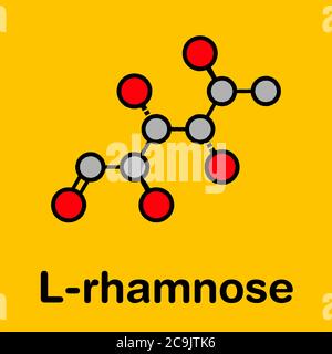Rhamnose (L-rhamnose) molecola di zucchero deossi. Usato in cosmetici per trattare le rughe. Formula scheletrica stilizzata (struttura chimica). Gli atomi sono mostrati come co Foto Stock