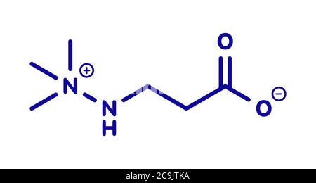 Molecola di farmaco anti-ischemico di Meldonium. Utilizzato nel trattamento dell'angina e dell'infarto miocardico. Formula scheletrica blu su sfondo bianco. Foto Stock