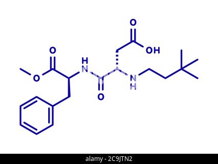 Molecola sostitutiva dello zucchero neotame (E961). Formula scheletrica blu su sfondo bianco. Foto Stock