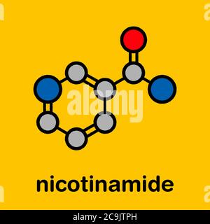 Nicotinamide farmaco e molecola di vitamina. Formula scheletrica stilizzata (struttura chimica): Gli atomi sono mostrati come cerchi codificati a colori con spessa banda nera Foto Stock