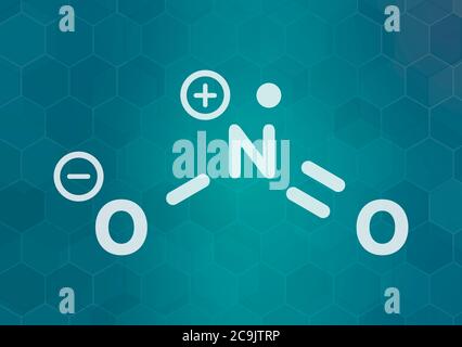Molecola di inquinamento atmosferico da biossido di azoto (NO2). Composto a radicale libero, noto anche come NOx. Formula scheletrica bianca su sfondo scuro del gradiente teale con Foto Stock