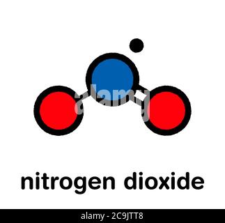 Molecola di inquinamento atmosferico da biossido di azoto (NO2). Composto a radicale libero, noto anche come NOx. Formula scheletrica stilizzata (struttura chimica). Gli atomi sono sho Foto Stock