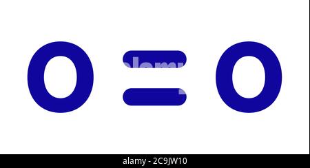 Molecola di ossigeno elementare (O2). Formula scheletrica blu su sfondo bianco. Foto Stock