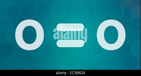 Molecola di ossigeno elementare (O2). Formula scheletrica bianca su sfondo scuro del gradiente teale con pattern esagonale. Foto Stock